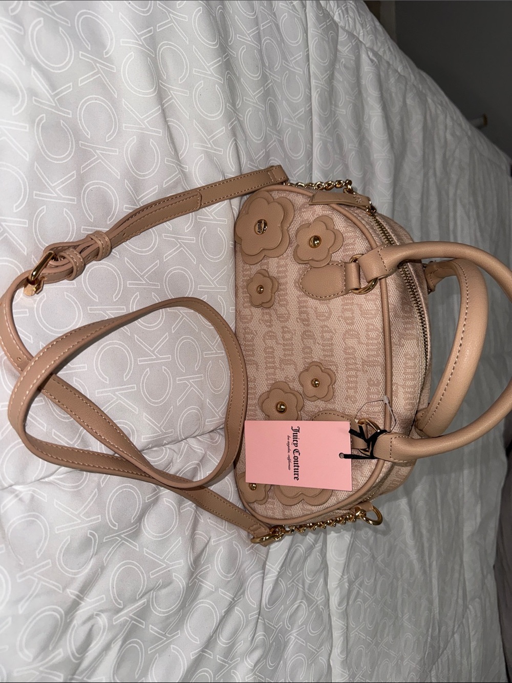 Juicy Couture Beige Floral Appliqué Crossbody Satchel